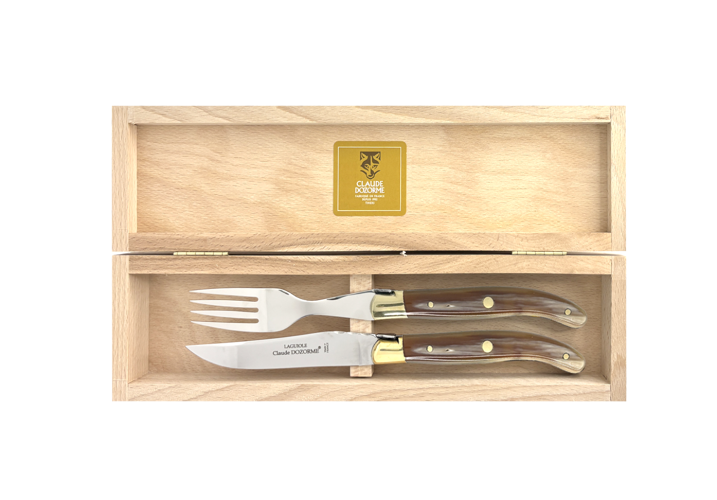Coffret 2 pièces (1 couteau et 1 fourchette) – Laguiole Mitre Laiton